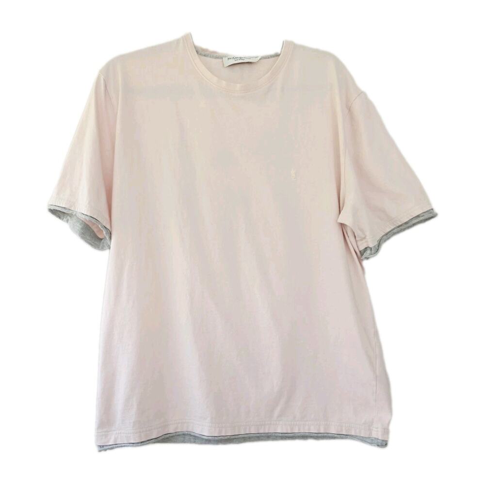 YSL Yves SAINT LAURENT PARIS Men's Tee Light Pink Gray Embroidered T-shirt